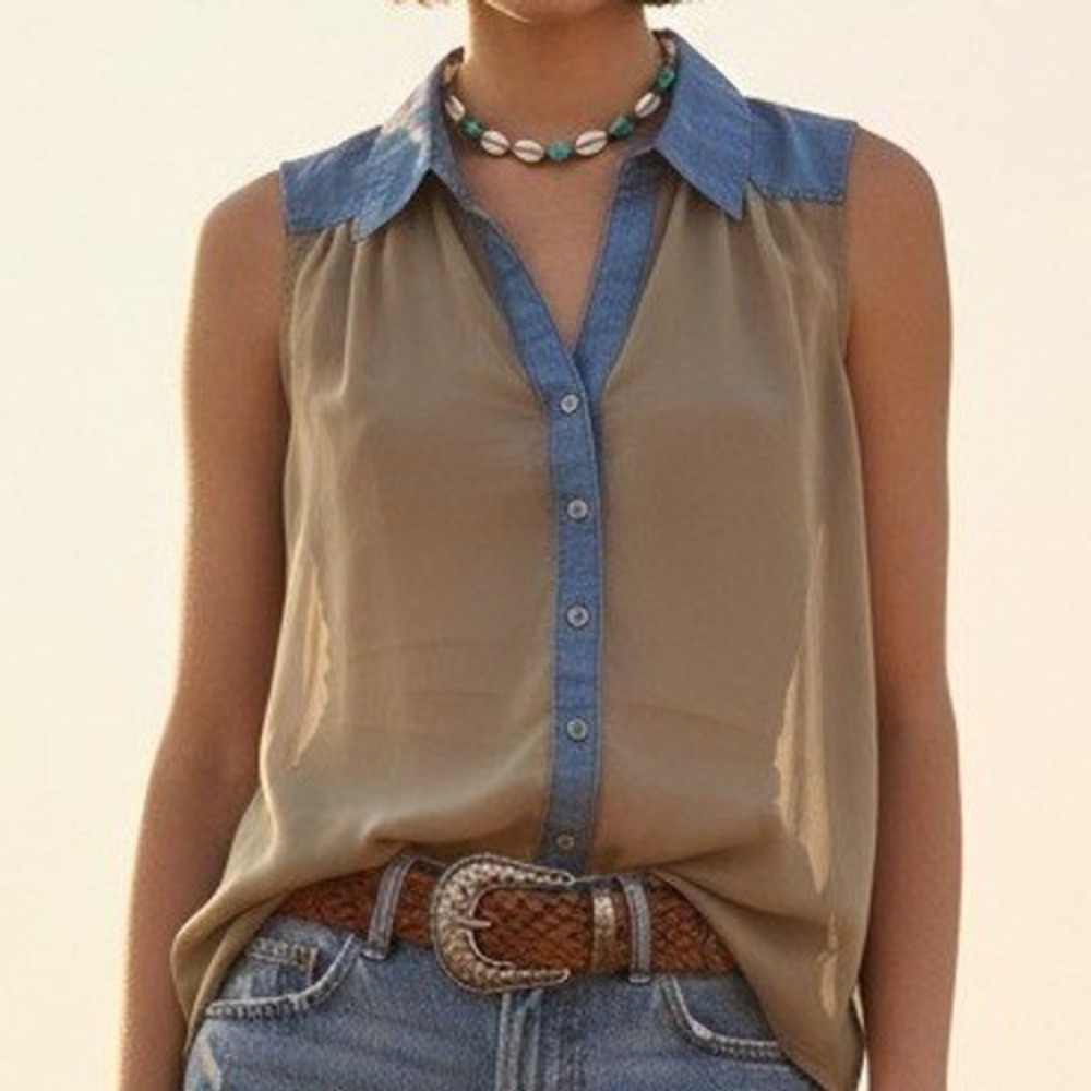 Love Culture Sleeveless Mixed Media Top Size M Tan Denim Western Boho Split Back